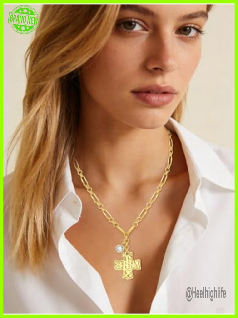 14K Gold Plated Hammered Cross Pendant Necklace - Diamond Birthstone Charm - Picture 3 of 6